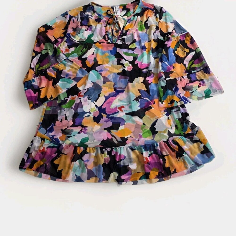Profile By Gottex Tunic Beach Cover Up S Mesh Abstract Ruffles Oversize Boho NWT - Picture 7 of 16